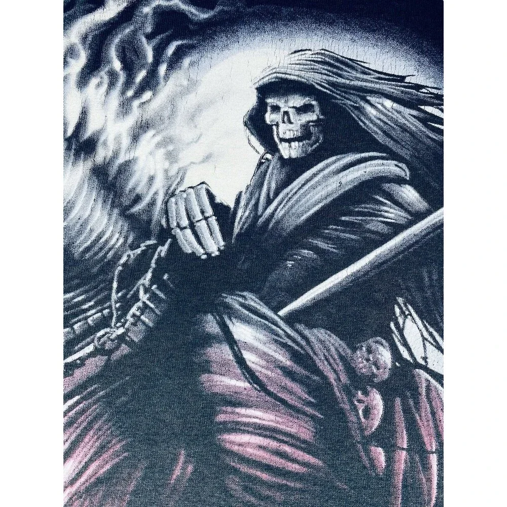 Grim Reaper Shirt Men’s Medium Skull Black Y2K Horse Graphic Print T-Shirt Heavy